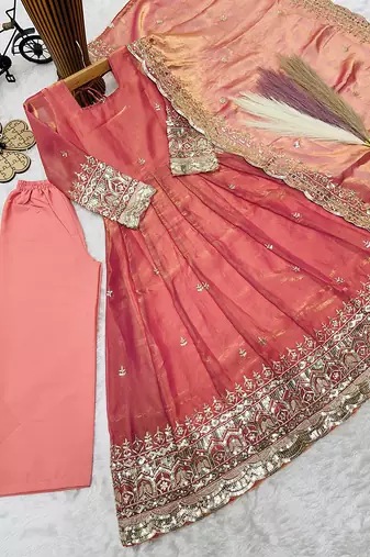 Orange fendy silk with sequence embroidery work kids gown bottom and dupatta set
