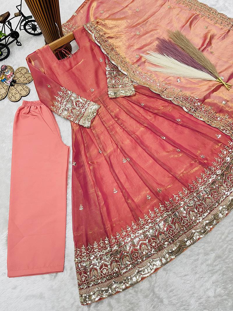 Orange fendy silk with sequence embroidery work kids gown bottom and dupatta set