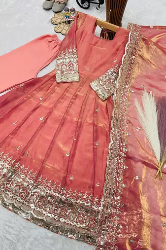 Orange fendy silk with sequence embroidery work kids gown bottom and dupatta set