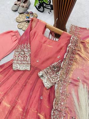 Orange fendy silk with sequence embroidery work kids gown bottom and dupatta set 4