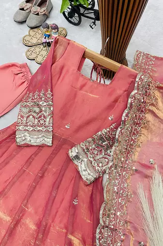 Orange fendy silk with sequence embroidery work kids gown bottom and dupatta set