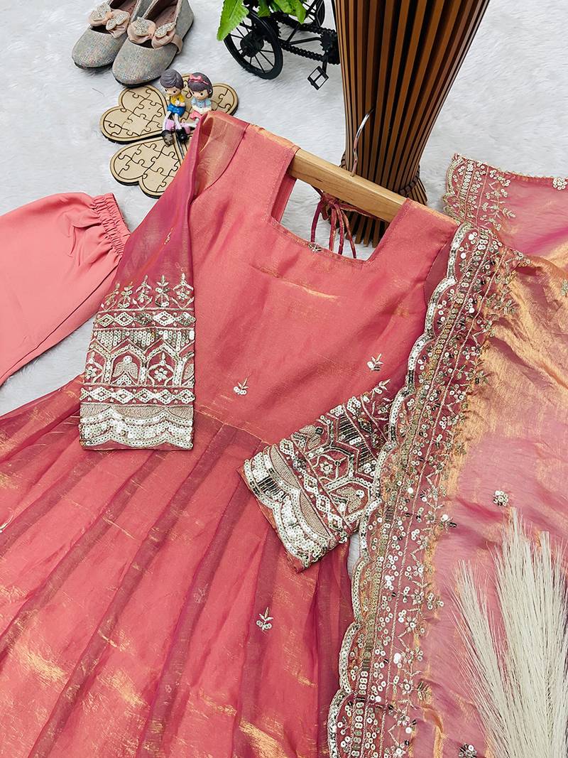 Orange fendy silk with sequence embroidery work kids gown bottom and dupatta set
