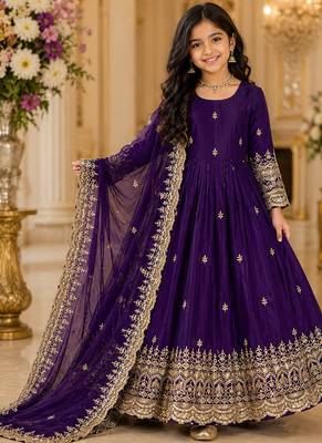 Orange fendy silk with sequence embroidery work kids gown bottom and dupatta set 1
