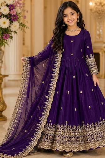 Orange fendy silk with sequence embroidery work kids gown bottom and dupatta set