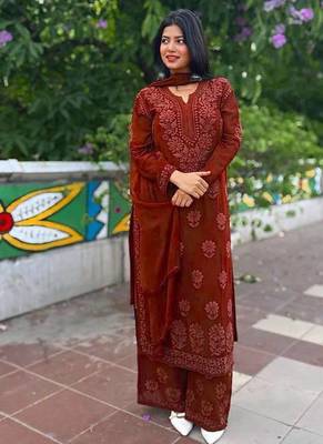 brown color embroidery work gerogette salwar suit 1