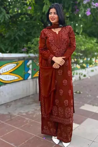 brown color embroidery work gerogette salwar suit