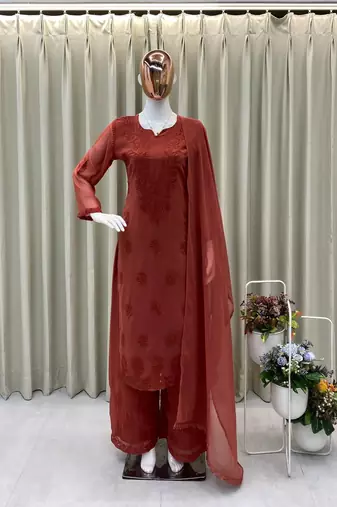 brown color embroidery work gerogette salwar suit