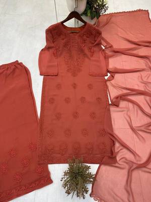 brown color embroidery work gerogette salwar suit 5