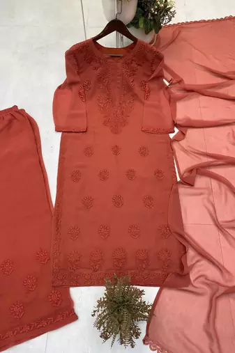 brown color embroidery work gerogette salwar suit