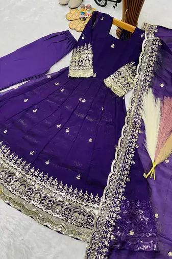Orange fendy silk with sequence embroidery work kids gown bottom and dupatta set