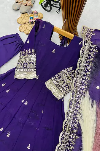 Orange fendy silk with sequence embroidery work kids gown bottom and dupatta set
