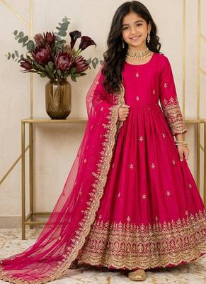 Orange fendy silk with sequence embroidery work kids gown bottom and dupatta set 1