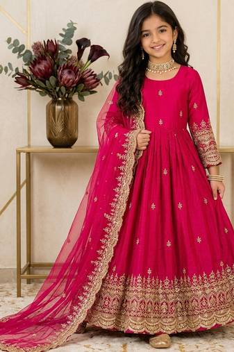 Orange fendy silk with sequence embroidery work kids gown bottom and dupatta set