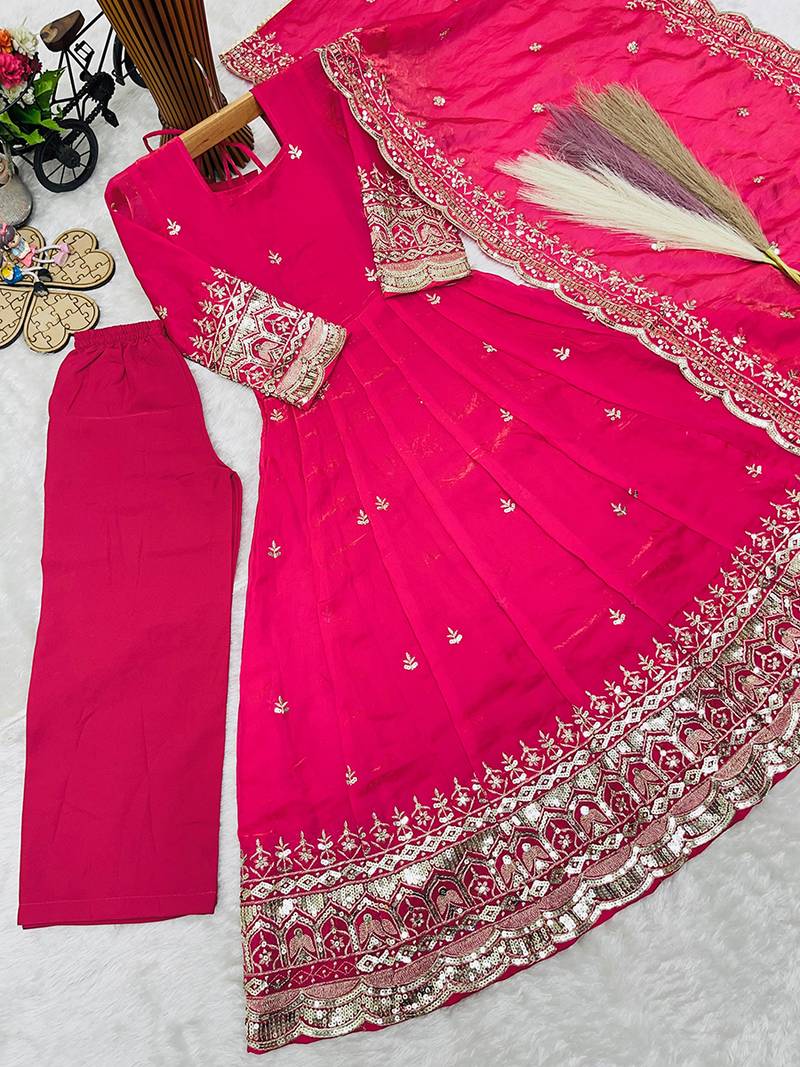 Orange fendy silk with sequence embroidery work kids gown bottom and dupatta set