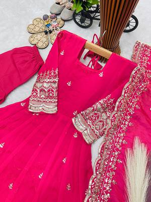 Orange fendy silk with sequence embroidery work kids gown bottom and dupatta set 4