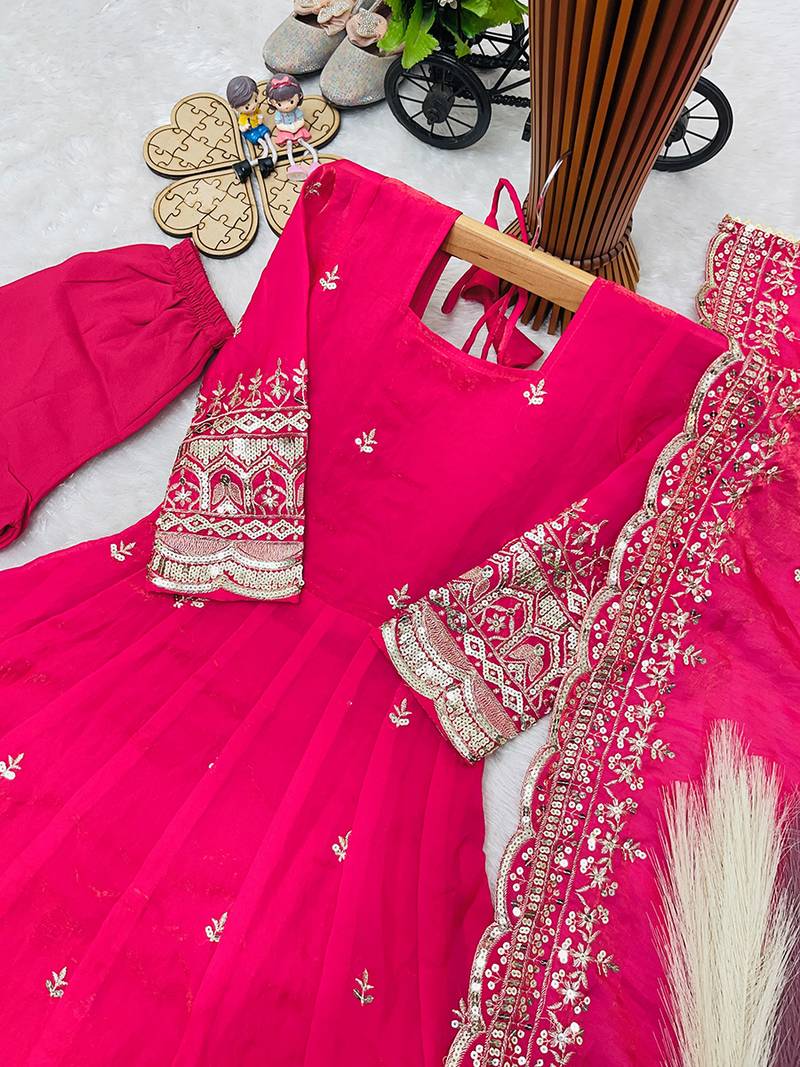 Orange fendy silk with sequence embroidery work kids gown bottom and dupatta set