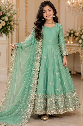 Orange fendy silk with sequence embroidery work kids gown bottom and dupatta set