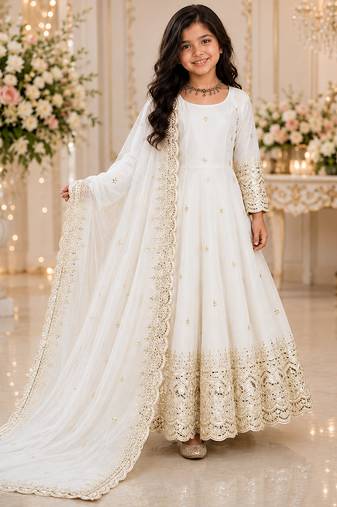 Orange fendy silk with sequence embroidery work kids gown bottom and dupatta set