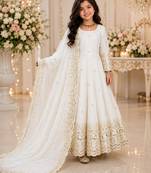 Orange fendy silk with sequence embroidery work kids gown bottom and dupatta set