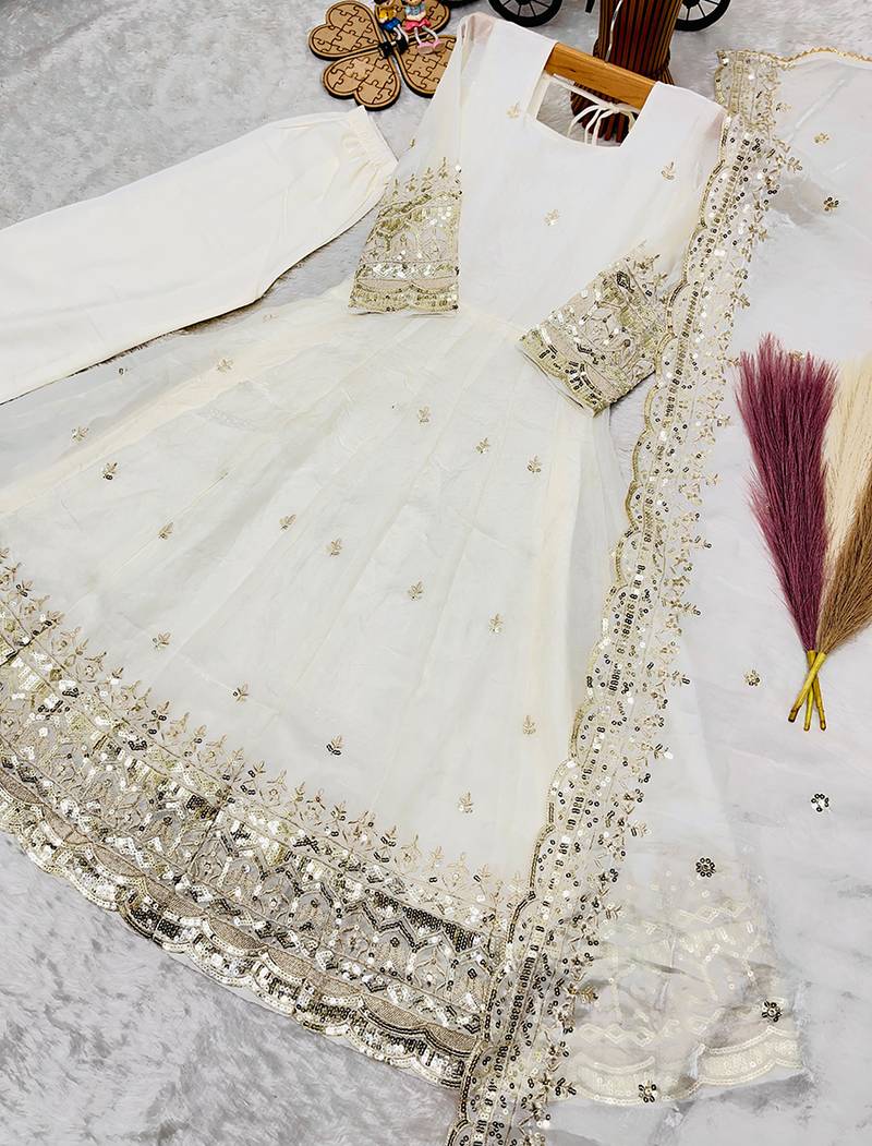 Orange fendy silk with sequence embroidery work kids gown bottom and dupatta set