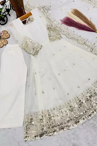 Orange fendy silk with sequence embroidery work kids gown bottom and dupatta set