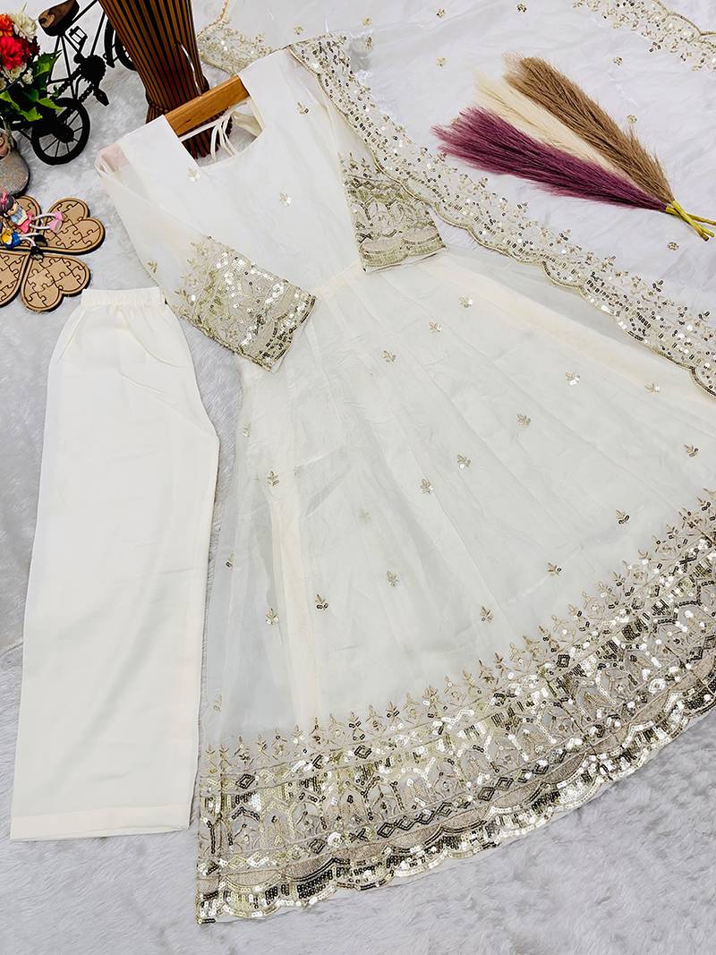 Orange fendy silk with sequence embroidery work kids gown bottom and dupatta set