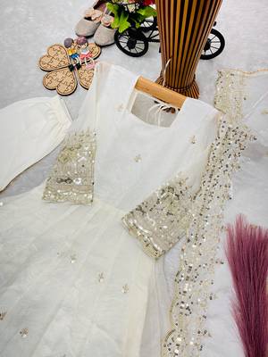 Orange fendy silk with sequence embroidery work kids gown bottom and dupatta set 4