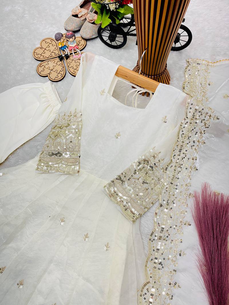Orange fendy silk with sequence embroidery work kids gown bottom and dupatta set