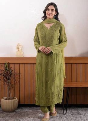 Mehendi color embroidery work gerogette salwar suit 1