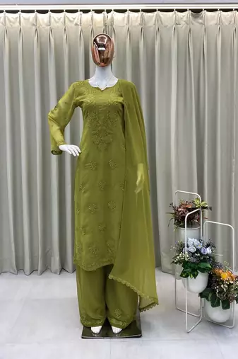 Mehendi color embroidery work gerogette salwar suit