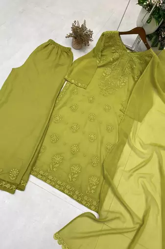 Mehendi color embroidery work gerogette salwar suit