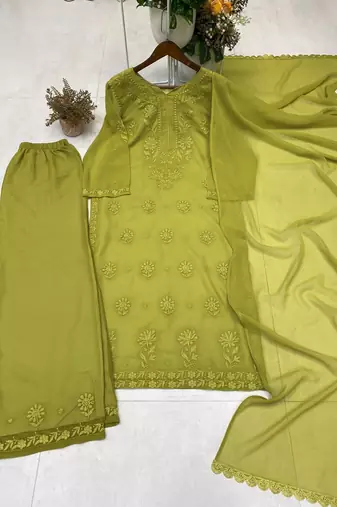 Mehendi color embroidery work gerogette salwar suit