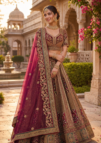 maroon color Dori Embroidery Patch work Sequins and Thread work Velvet Lehenga Choli set
