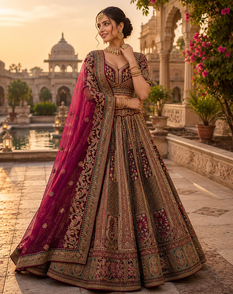 maroon color Dori Embroidery Patch work Sequins and Thread work Velvet Lehenga Choli set