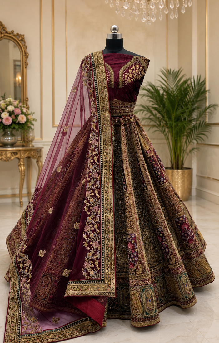 maroon color Dori Embroidery Patch work Sequins and Thread work Velvet Lehenga Choli set
