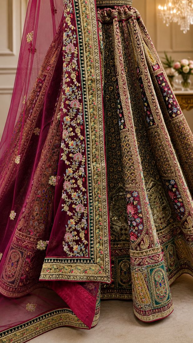 maroon color Dori Embroidery Patch work Sequins and Thread work Velvet Lehenga Choli set