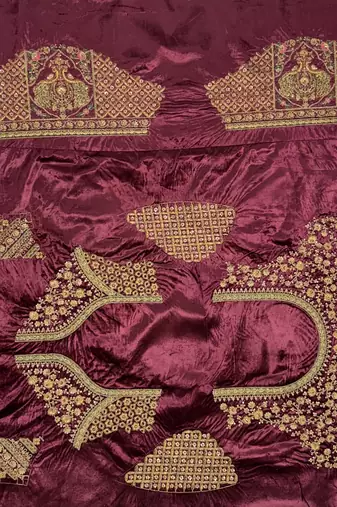 maroon color Dori Embroidery Patch work Sequins and Thread work Velvet Lehenga Choli set