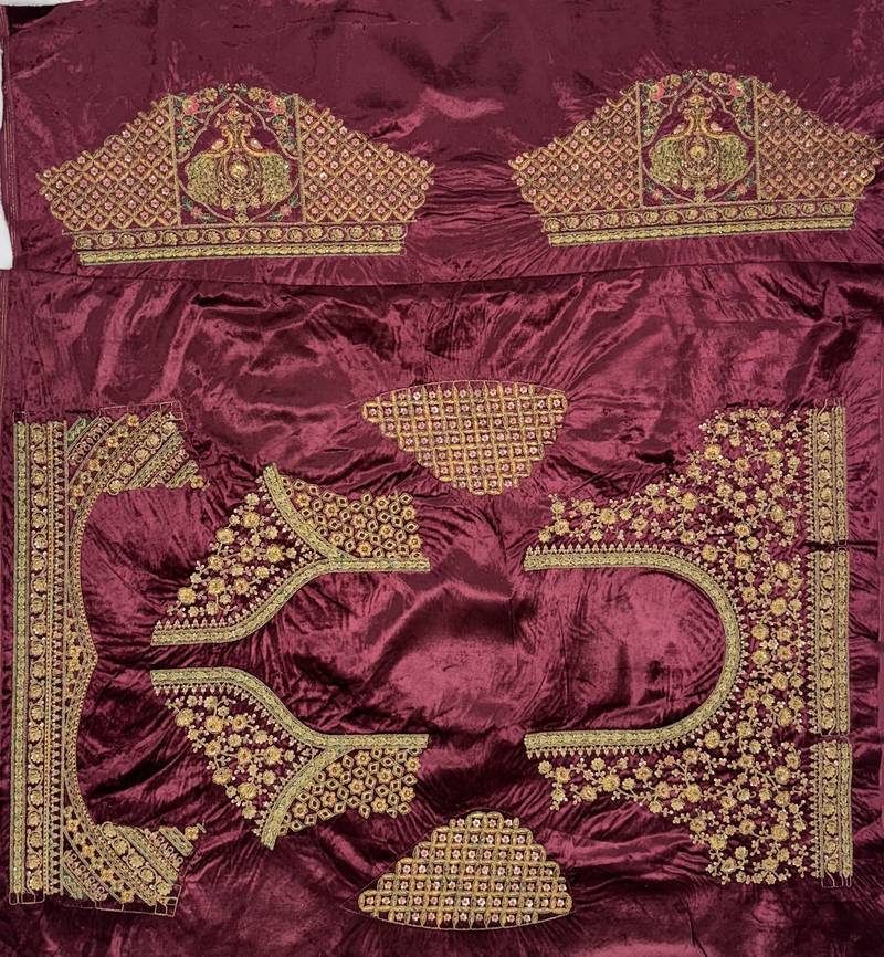maroon color Dori Embroidery Patch work Sequins and Thread work Velvet Lehenga Choli set