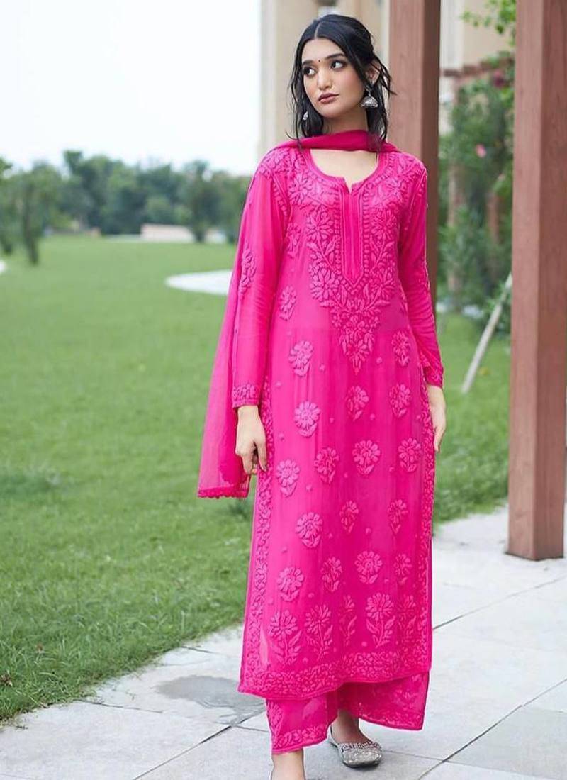 rani pink color embroidery work gerogette salwar suit