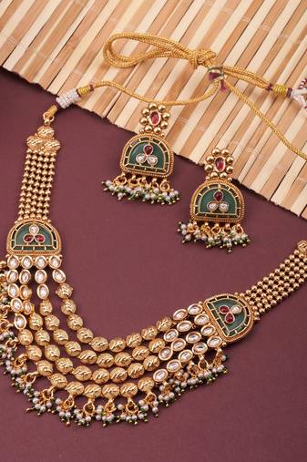 Multicolor gold plated temple necklace set – classic indian jewellery