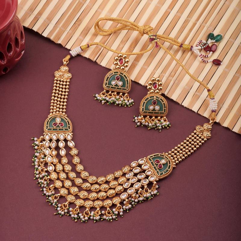 Multicolor gold plated temple necklace set – classic indian jewellery