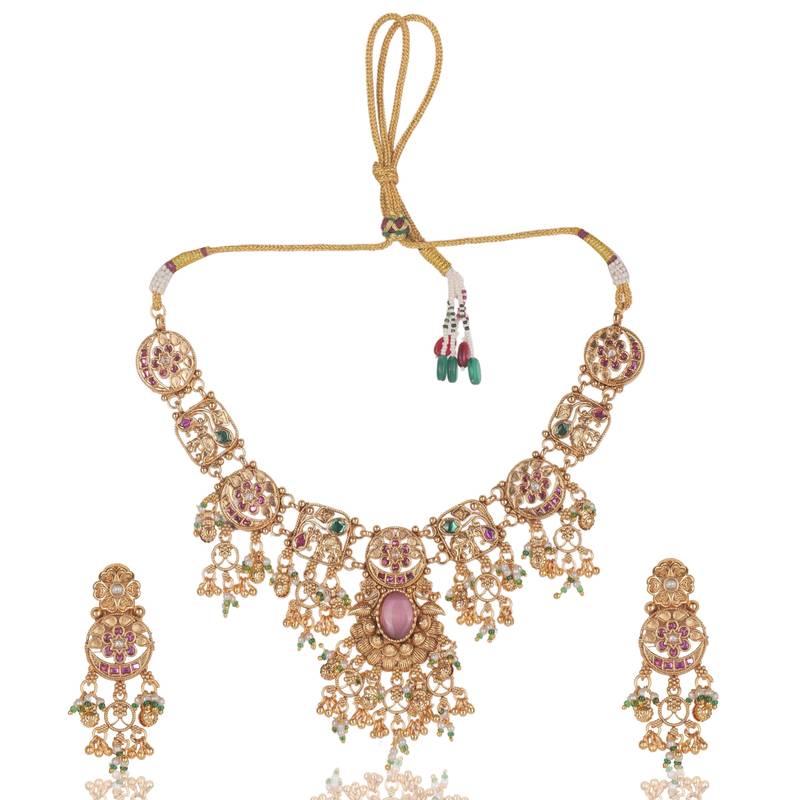 Multicolor gold plated temple jewellery set – classic ethnic accessory