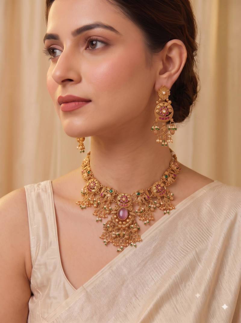 Multicolor gold plated temple jewellery set – classic ethnic accessory