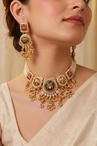 Multicolor gold plated temple necklace set for women – traditional jewellery