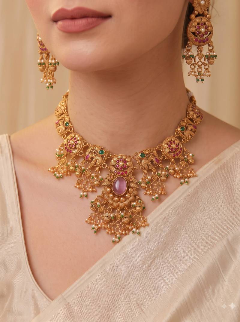 Multicolor gold plated temple jewellery set – classic ethnic accessory