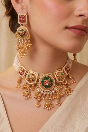 Multicolor gold plated temple necklace set for women – traditional jewellery