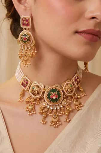 Multicolor gold plated temple necklace set for women – traditional jewellery