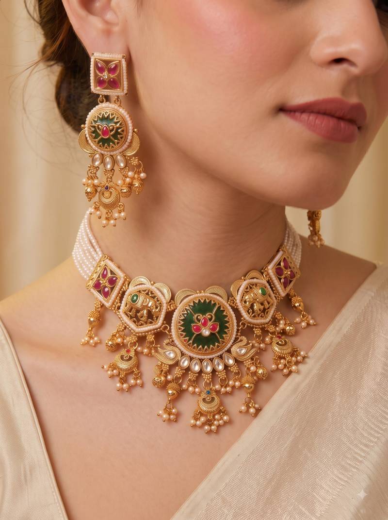 Multicolor gold plated temple necklace set for women – traditional jewellery