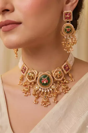 Multicolor gold plated temple necklace set for women – traditional jewellery