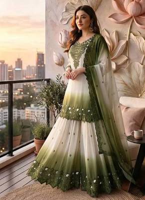 Olive And White Color Embroidery And Thread Work Georgette Salwar Suit 1